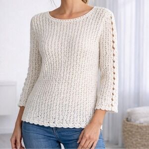 Chico's Ivory Crochet Knit Sweater Boho Lightweight Coastal Top